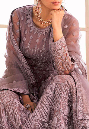 Embroidered Net Abaya Style Suit in Old Rose