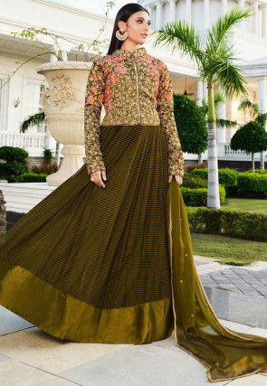 Embroidered Net Abaya Style Suit in Olive Green