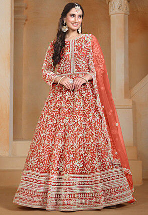 Embroidered Net Abaya Style Suit in Orange