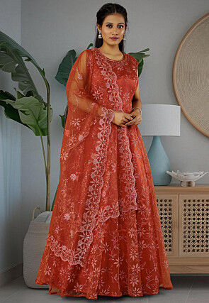 Embroidered Net Abaya Style Suit in Orange