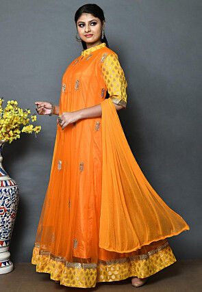 Embroidered Net Abaya Style Suit in Orange
