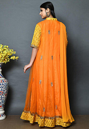 Embroidered Net Abaya Style Suit in Orange