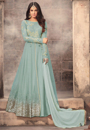 Embroidered Net Abaya Style Suit in Pastel Blue