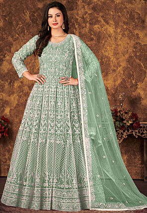 Embroidered Net Abaya Style Suit in Pastel Green