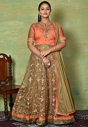 Embroidered Net Abaya Style Suit in Peach and Beige