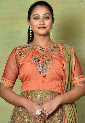 Embroidered Net Abaya Style Suit in Peach and Beige