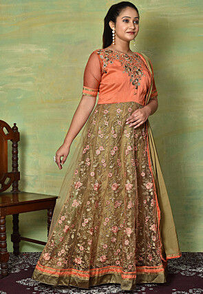 Embroidered Net Abaya Style Suit in Peach and Beige