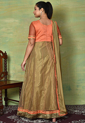 Embroidered Net Abaya Style Suit in Peach and Beige