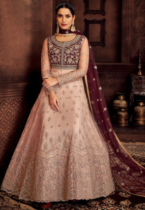 Embroidered Net Abaya Style Suit in Peach and Wine