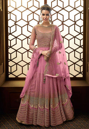 Embroidered Net Abaya Style Suit in Peach