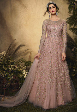 Embroidered Net Abaya Style Suit in Peach