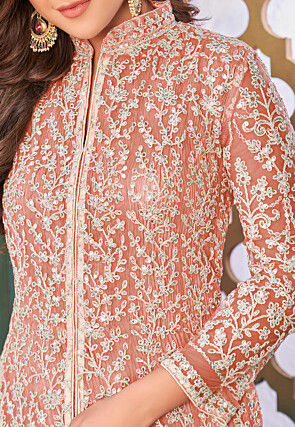 Embroidered Net Abaya Style Suit in Peach
