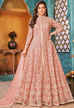Embroidered Net Abaya Style Suit in Peach
