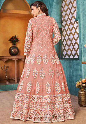 Embroidered Net Abaya Style Suit in Peach