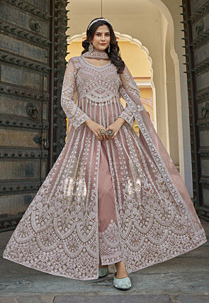 Embroidered Net Abaya Style Suit in Old Rose