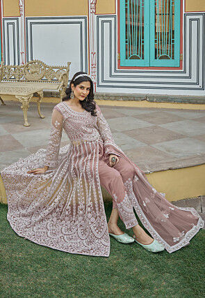 Embroidered Net Abaya Style Suit in Old Rose