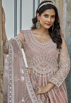 Embroidered Net Abaya Style Suit in Old Rose