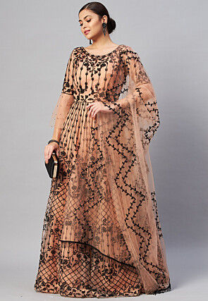 Embroidered Net Abaya Style Suit in Peach