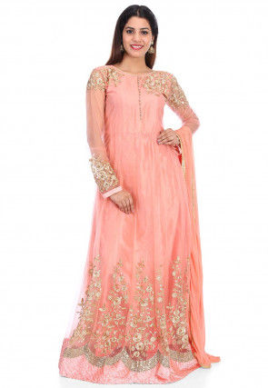 Embroidered Net Abaya Style Suit in Peach