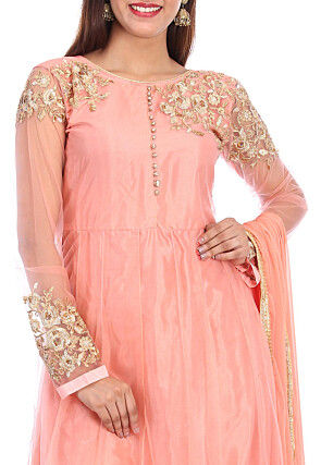 Embroidered Net Abaya Style Suit in Peach