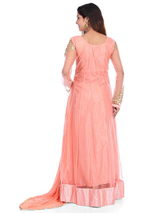 Embroidered Net Abaya Style Suit in Peach
