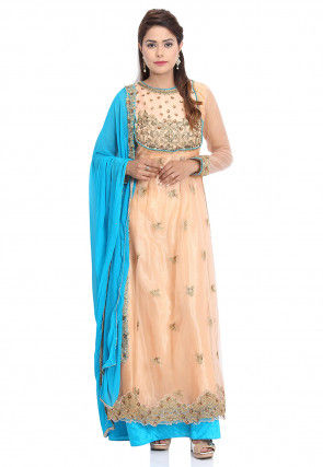 Embroidered Net Abaya Style Suit in Peach