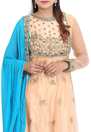 Embroidered Net Abaya Style Suit in Peach