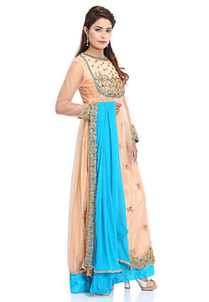 Embroidered Net Abaya Style Suit in Peach