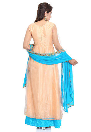 Embroidered Net Abaya Style Suit in Peach