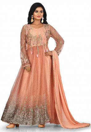 Embroidered Net Abaya Style Suit in Peach