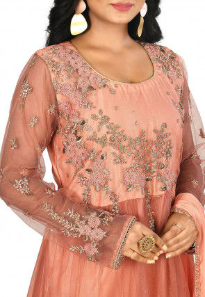 Embroidered Net Abaya Style Suit in Peach