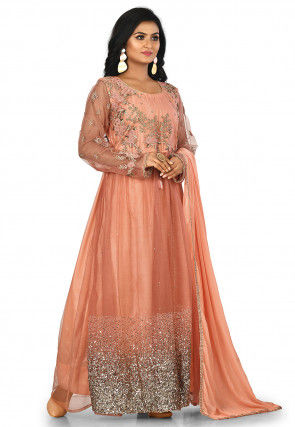 Embroidered Net Abaya Style Suit in Peach