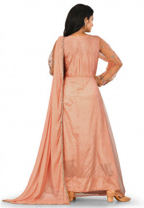 Embroidered Net Abaya Style Suit in Peach