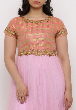 Embroidered Net Abaya Style Suit in Pink and Peach