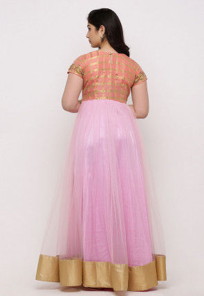 Embroidered Net Abaya Style Suit in Pink and Peach