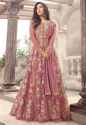 Embroidered Net Abaya Style Suit in Pink