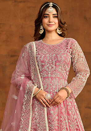 Embroidered Net Abaya Style Suit in Pink