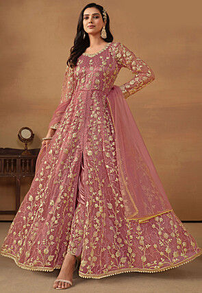 Embroidered Net Abaya Style Suit in Pink