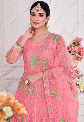 Embroidered Net Abaya Style Suit in Pink