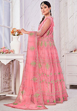 Embroidered Net Abaya Style Suit in Pink