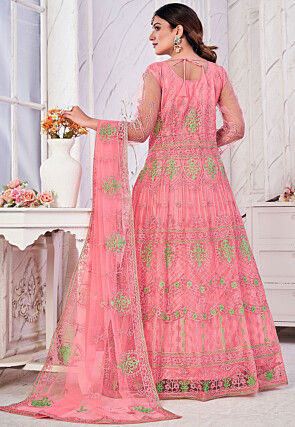 Embroidered Net Abaya Style Suit in Pink