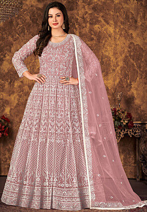 Embroidered Net Abaya Style Suit in Pink