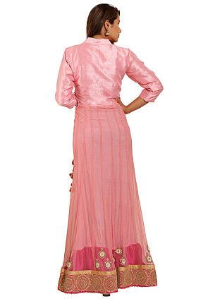 Embroidered Net Abaya Style Suit in Pink