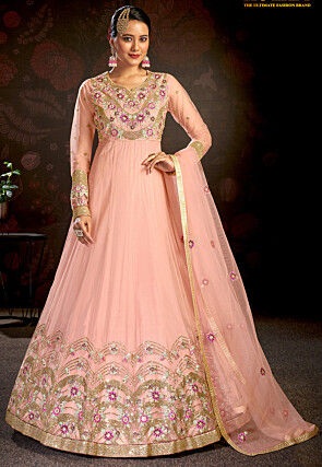 Embroidered Net Abaya Style Suit in Pink