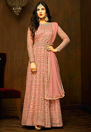 Embroidered Net Abaya Style Suit in Pink