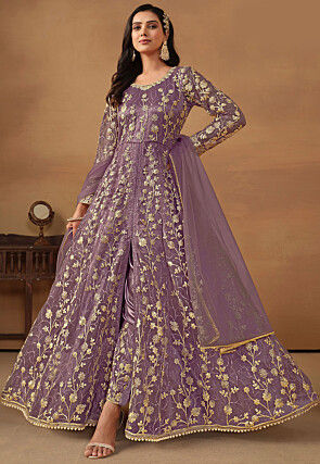 Embroidered Net Abaya Style Suit in Purple