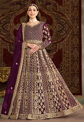 Embroidered Net Abaya Style Suit in Purple