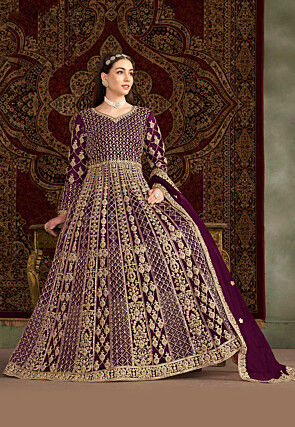 Embroidered Net Abaya Style Suit in Purple