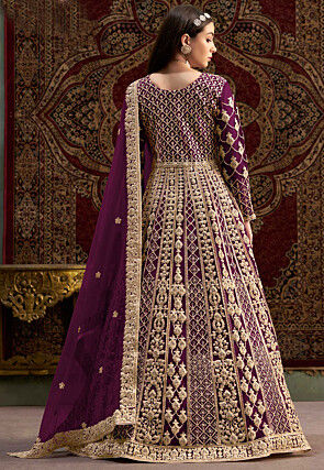 Embroidered Net Abaya Style Suit in Purple