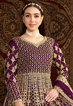 Embroidered Net Abaya Style Suit in Purple